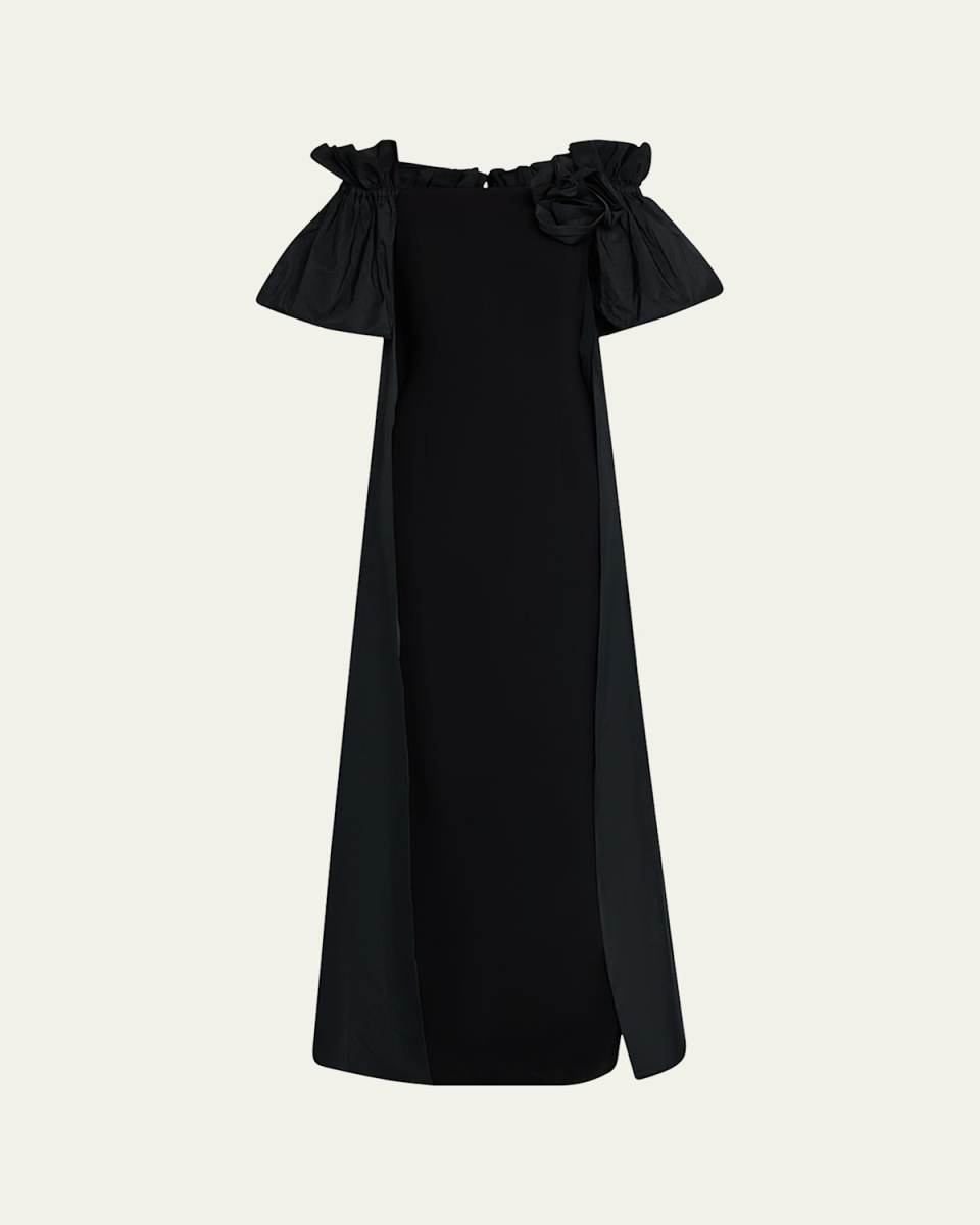 Off-Shoulder Taffeta & Crepe Cape Gown